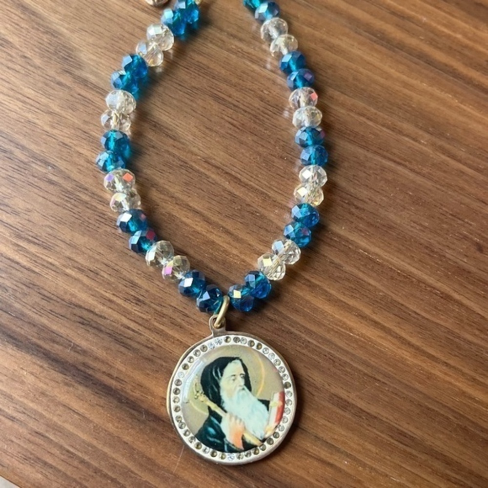Estate Catholic Saint Blue and White Crystal Beads Gold Tone Necklace